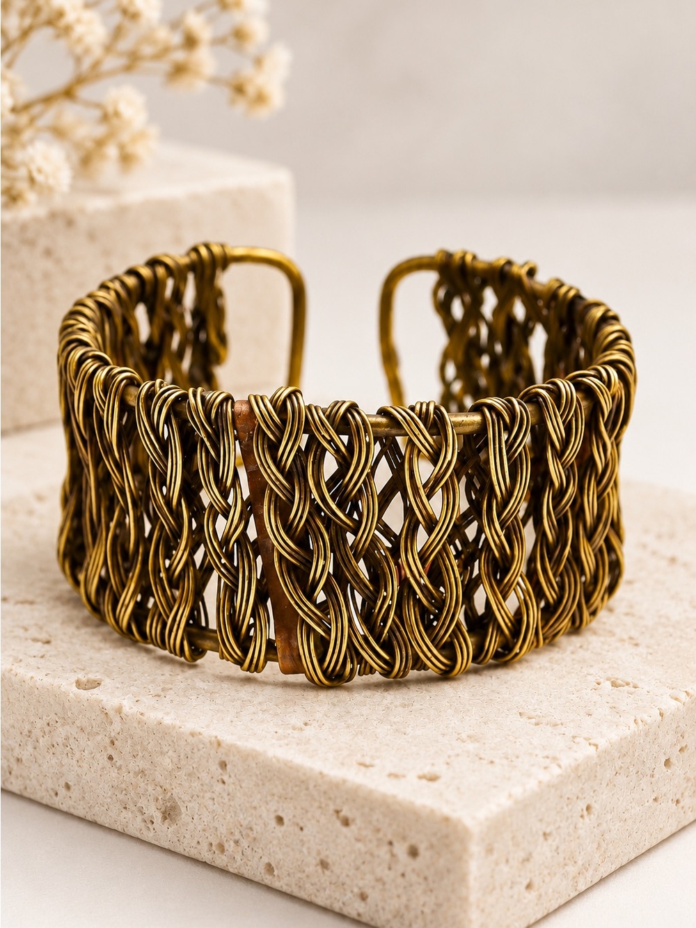 Braided Wire Open Cuff Statement Bracelet Antique Brass Tone
